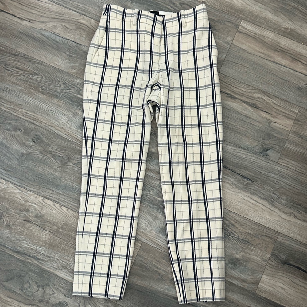 Theory wool trousers cream navy blue plaid pants women’s size 2- fits like 0